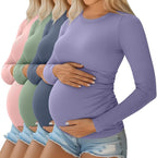Ficerd 4 Pack Women's Maternity Shirts Cotton Long Sleeve Ribbed Crew Neck Pregnancy Tops Side Ruched Casual Mama Clothes