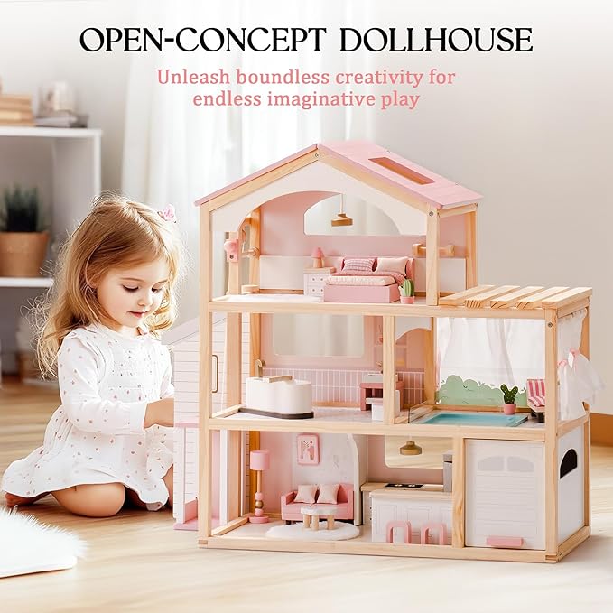ROBOTIME Wooden Dollhouse, Doll House with 29 Pieces Furniture Set - Pool and Elevator, Wooden Doll House for 4, 5, 6-Inch Dolls, 6 Rooms Pink Dollhouse Gift for Kids Girls Ages 3+ (Pink)