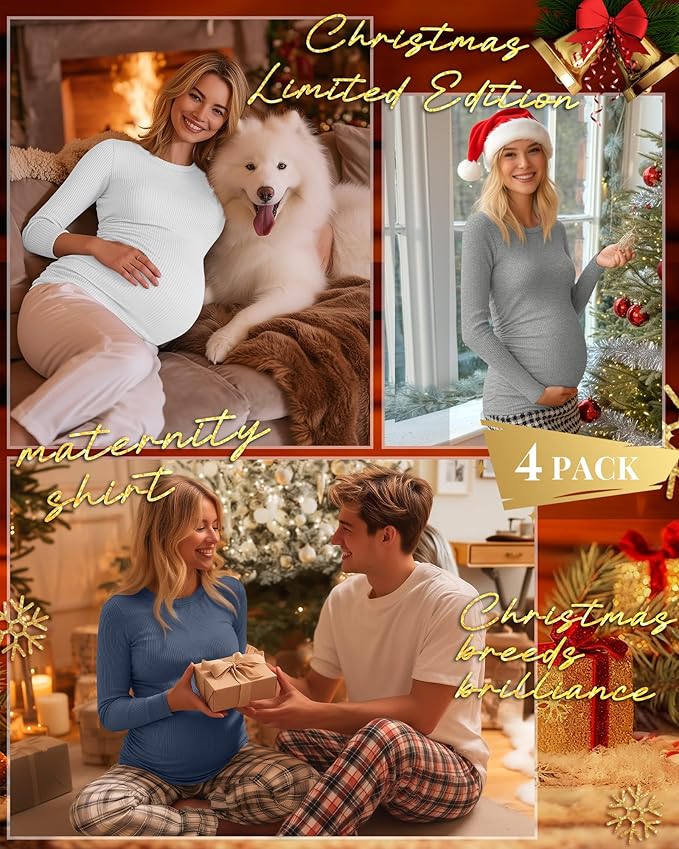 Ficerd 4 Pack Women's Maternity Shirts Cotton Long Sleeve Ribbed Crew Neck Pregnancy Tops Side Ruched Casual Mama Clothes