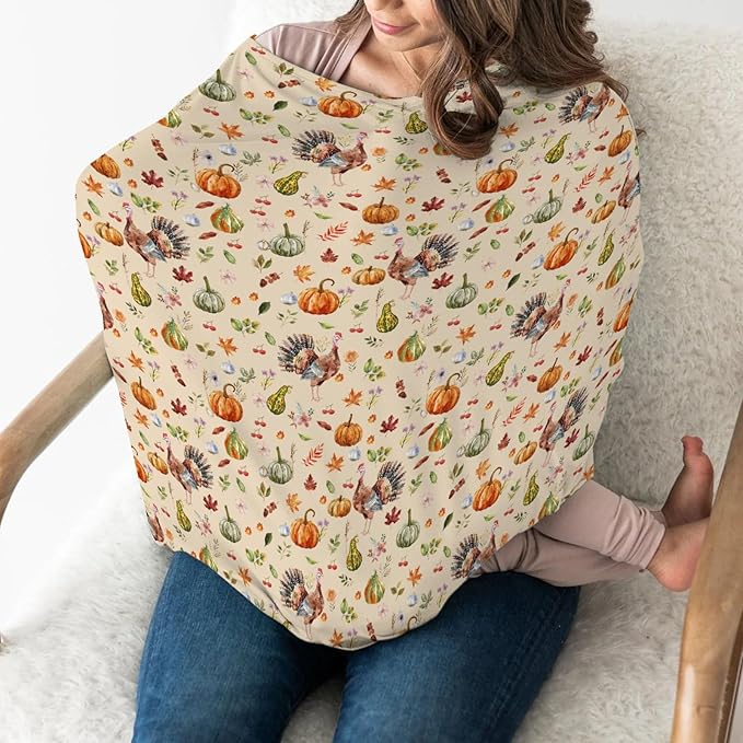 Thanksgiving Turkey Pumpkins Car Seat Covers Vintage Autumn Leaves Stretchy 5-in-1 Cover Adjustable Infant Carseat Cover Canopy Fall Harvest Breathable Nursing Cover-Up