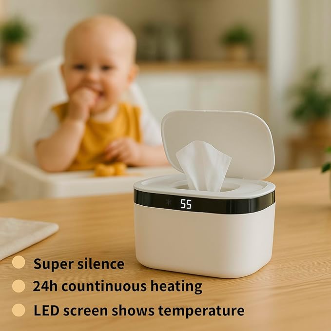 Portable Baby Wipe Warmer - USB-Powered, (40°C/104°F to 60°C/140°F) Adjustable Heating, Ultra-Quiet & 0.4kg Lightweight for Travel