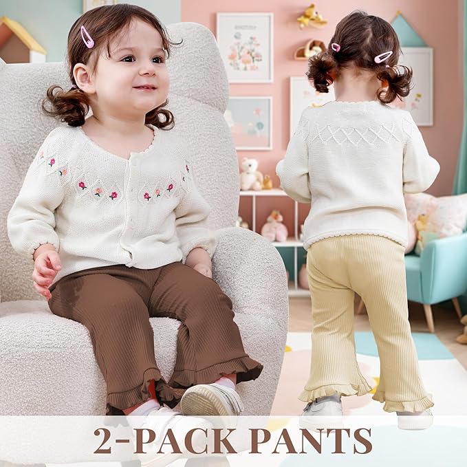 Neutocd Toddler Baby Girl 2-Pack Pants Bell Bottom Infant Baby Girl Solid Ribbed Cotton Leggings