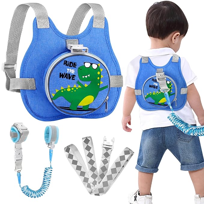 Accmor Toddler Safty Harness Leash + Reflective Anti Lost Wrist Link, Cute Dinosaur Kid Walking Harness with Leashes, Foldable Child Restraint Belt Pocket Tether Hold Baby Boy Close for Outdoor Travel