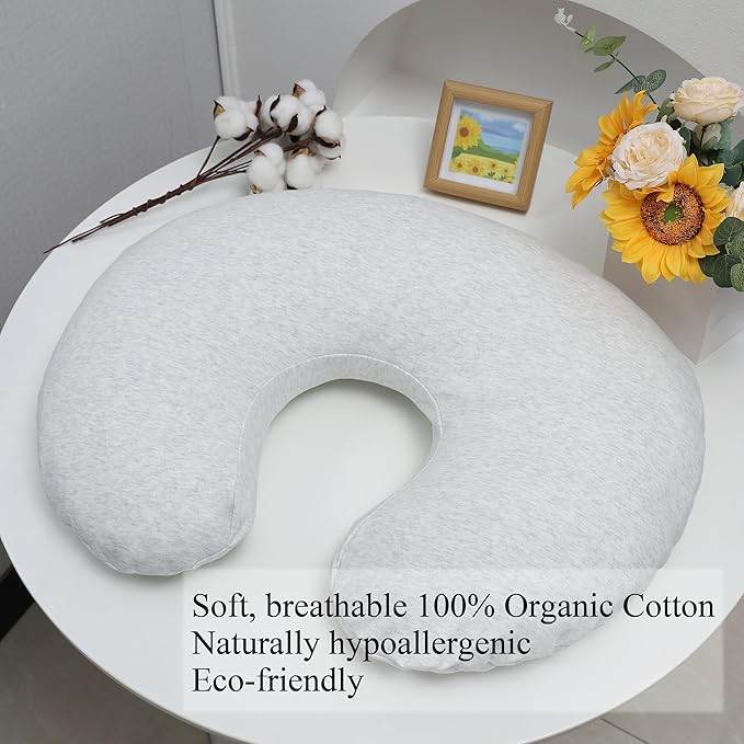 Onacosht 100% Organic Cotton Nursing Pillow Cover Soft Breathable Jersey Feeding Pillow Slipcover Fits Standard Infant Nursing Pillow or Positioner for Baby Boy and Girl, Grey Heather