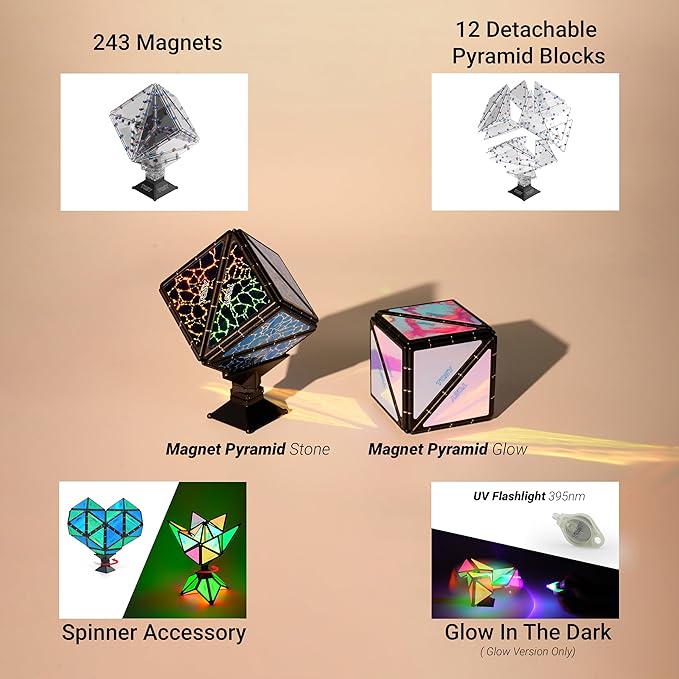TOSY Magnet Pyramid Stone - 1 Cube Transforms into 1 Billion Shapes, 12 Pieces, 243 Rare Earth Magnets, Holographic Design Magnet Tiles Creative Puzzle STEM/STEAM Toy, 3-Pack