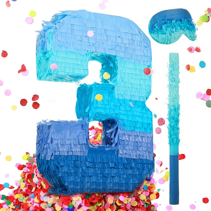 Sratte Number 1 2 3 4 5 6 7 8 9 Piñata with Stick Blindfold Confetti, Gradient Blue Piñata for Kids Boys Girls Birthday Party Anniversary Decorations Supplies(Number 3)