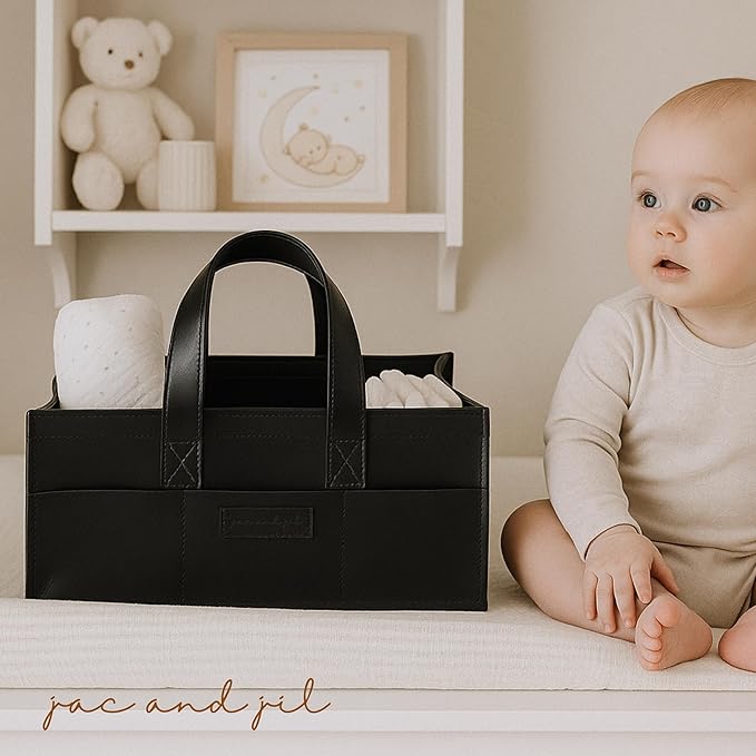 Premium Vegan Leather Baby Diaper Caddy Organizer – Portable Storage Basket for Newborn Essentials, Changing Table, Nursery, Car & Travel, Gifts for Baby Shower (Liquorice Black)