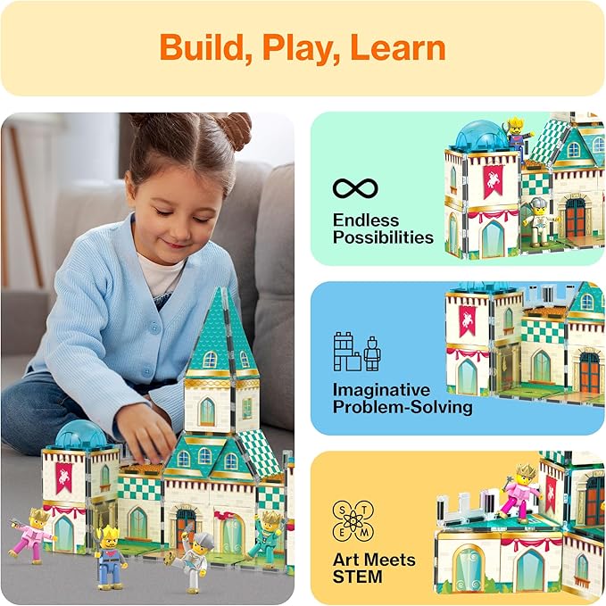 PicassoTiles 70pc Middle Age Medieval and Castle Theme Tile 2in1 8 Character Action Figures Magnet Tiles Building Block Pretend Magnetic Play Fine Motor Skill STEM Educational Construction Age3+ PTQ01