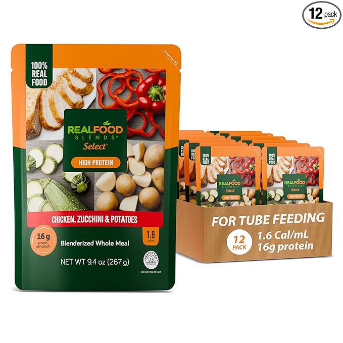 Real Food Blends Select Chicken, Zucchini & Potatoes – Pureed Food Meal for Feeding Tubes, 9.4 oz Pouch (Pack of 12 Pouches)