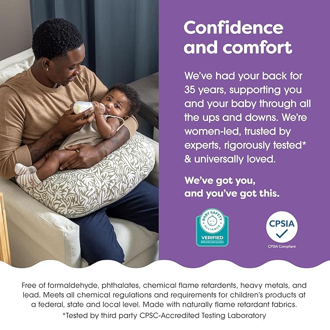 Boppy Nursing Pillow - Ergonomic Bottle & Breastfeeding Pillow, Higher, Firmer & Larger, Water-Repellent with Washable Organic Cotton Cover, Baby Safety Alliance Verified - Green Cut Out Leaves