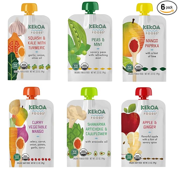 Kekoa Foods Variety Pack Mix 6 Pack - Apple & Ginger, Curry Vegetable Mango, Mango Paprika, Peas & Mint, Shawarma, Artichoke & Cauliflower, Squash & Kale with Turmeric | 3.5 oz Pouches
