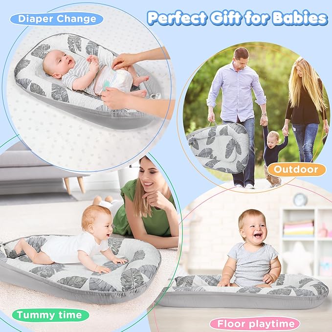 KISS GOLD Baby Lounger - Breathable Soft Cotton Cover Baby Lounger Nest, Babies Essentials Gifts, Portable Lounger for Baby Tummy Time Floor Playing Seated Support for Home and Travel