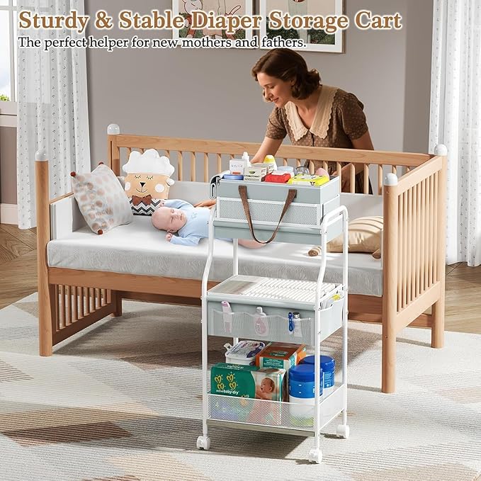 2 In1 Baby Diaper Caddy Organizer & Storage Cart, 3-Tier Rolling Diaper Organizers with Divider and 12 Pocket，Nursery Bedside Caddy Utility Cart for Baby Clothes & Dresser Baby Bottle -Baby Essential