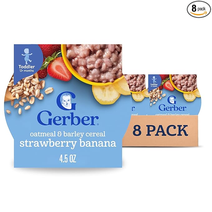 Gerber Toddler Food, Baby Food, Breakfast Oatmeal with Barley, Strawberry Banana Flavor, Cereal, Iron Helps Support Brain Development, 8 Pack