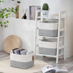 COMFY-HOMI 3-Pack Cotton Rope Woven Basket with Handles for Shelves, Book, Cloth Basket|Dog Toy Basket for Organizingy|13.5" x 11" x 9.5" for Bedroom（White/Grey）