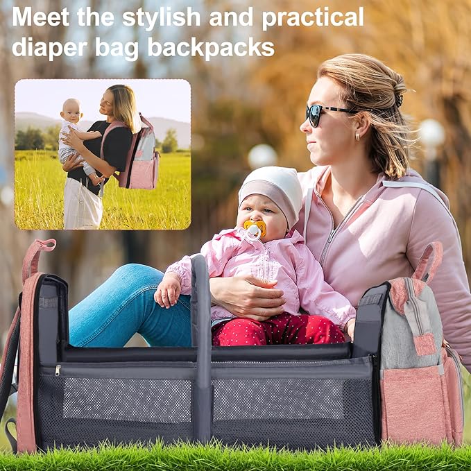 Diaper Bag Backpack, Baby Diaper Bag, Multifunctional Large Capacity, with Diaper Changing Station, Travel Diaper Bag Backpack (Pinkish Gray)