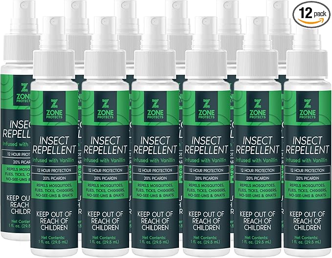 Scented Picaridin Insect Repellent; Twelve 1oz Mist Spray Bottles; 12-hr Proven Protection; Ticks, Mosquitoes, No-Seeums, Gnats and Chiggers