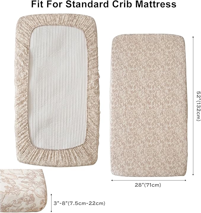 BuLuTu 2 Pack Muslin Crib Sheets for 52"x28" Standard Crib Mattress, Cute Rabbit Print Fitted Crib Sheets for Boys Girls Toddlers, Boho Neutral Soft Cotton Baby Sheets, Beige & Forest