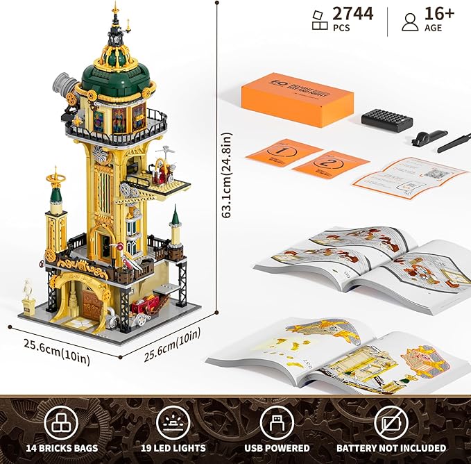 FUNWHOLE Steampunk Observatory Tower Lighting Building-Bricks Set - Astronomy Tower 2744 Pcs Collection Display Set for Adults and Steampunk Lovers