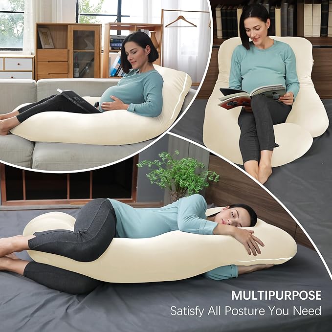 MOON PARK Pregnancy Pillows for Sleeping - U Shaped Full Body Maternity Pillow with Removable Cover - Support for Back, Legs, Belly, HIPS - 65 Inch - Ivory - Cooling Cover