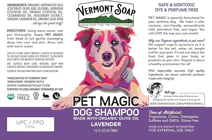 VERMONT SOAP Organics Pet Shampoo - Infused with Organic & Natural Olive Oil, Coconut & Aloe Vera Dog Shampoo for Sensitive Skin - USDA Certified Grooming Pet Shampoo - Lavender (16oz)