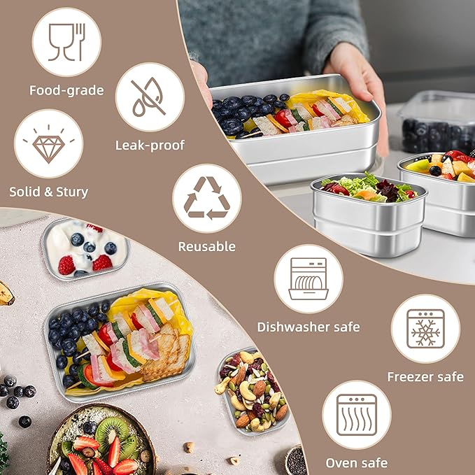HaWare Stainless Steel Lunch Box Containers for Kids, Leak Proof Food Storage Containers with Khaki Silicone Lids, Easy Open Bento Box for School and Daycare, Portable Metal Snack Box (8oz*2+25oz)