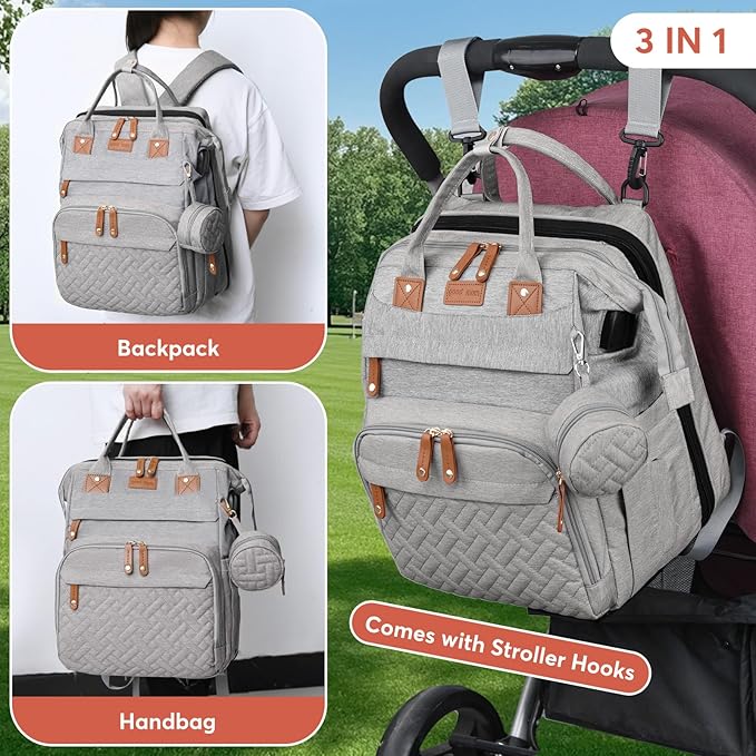 Diaper Bag Backpack with Changing Station, Large Diaper Bag For Boys And Girls, Multifunctional Waterproof Travel Diaper Backpack, Baby Bag with USB Charging Port for Moms Dads, grey