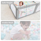Foldable Baby Playpen, Shape & Size Adjustable Playpen for Toddler, 79x71 Large Play Pens Safety Mesh Foldable Playard for Babies, Portable Baby Fence Play Area Kids Play Pen, Grey