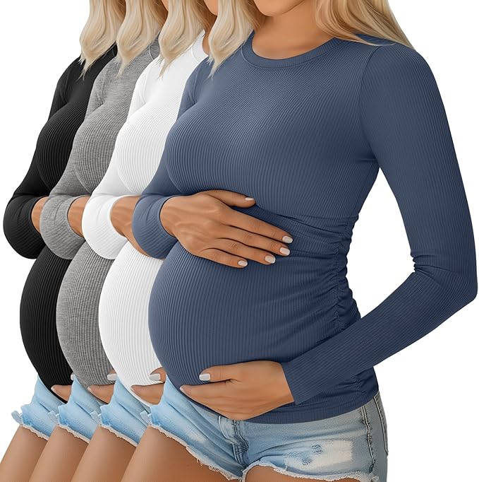Ficerd 4 Pack Women's Maternity Shirts Cotton Long Sleeve Ribbed Crew Neck Pregnancy Tops Side Ruched Casual Mama Clothes