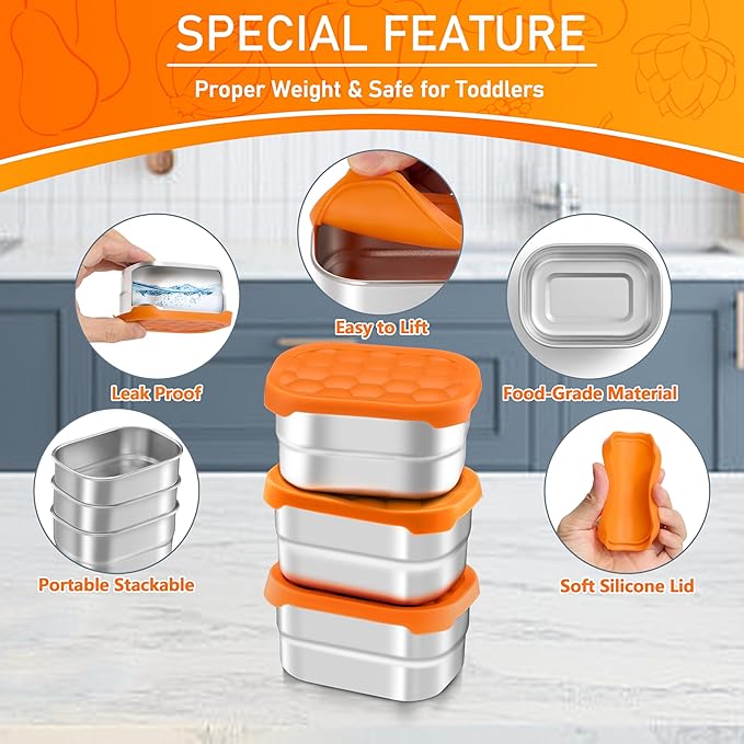 HaWare Stainless Steel Snack Containers for Toddlers and Kids, 8 oz Leak Proof Food Storage Containers with Silicone Lids, Stackable & Reusable Small Metal Lunch Box for Daycare and School- 3 Packs