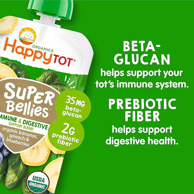 HAPPYTOT Organics Stage 4 Baby Food Pouches, Gluten Free, Vegan Snack, Super Bellies, Fruit & Veggie Puree, Banana, Spinach & Blueberries 4 Ounce (Pack of 16)