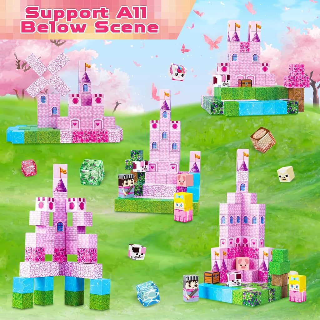 Magnetic Blocks - 100PCS Magnetic Building Block for Kids, Pink Princess Castle Magnet Cubes Sets, Princess Toys for Girls Ages 3 4 5 6 7 8-12 Holiday Birthday Gifts