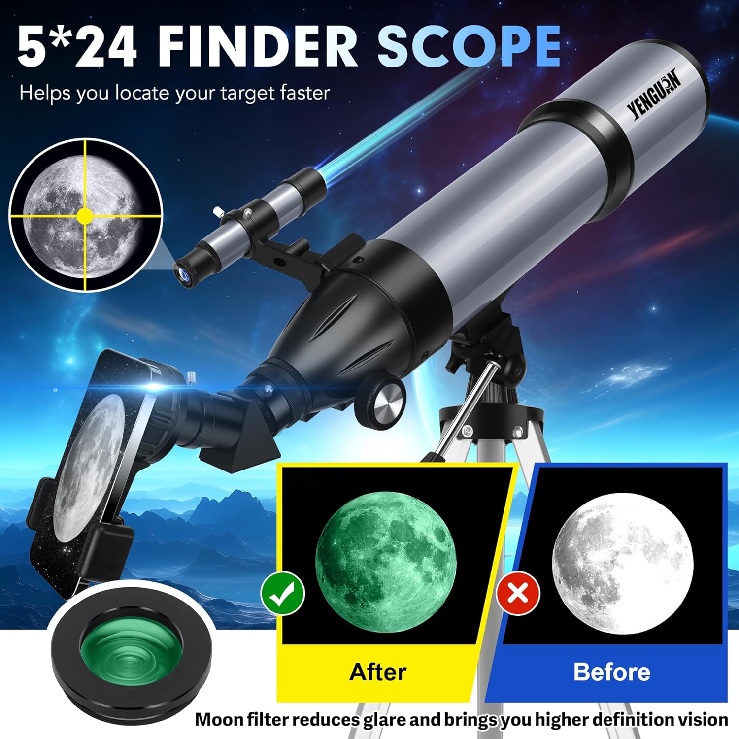 Telescope for Adults & Kids 80mm Aperture 600mm, Telescope for Adults High Powered, Beginners in Astronomy to See Planet, with Phone Adapter and Moon Filter, Carry Bag, Gray