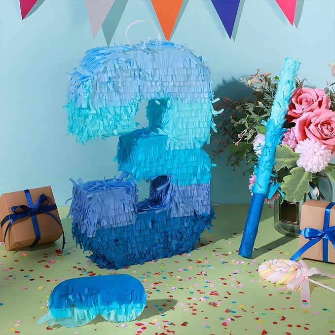 Sratte Number 1 2 3 4 5 6 7 8 9 Piñata with Stick Blindfold Confetti, Gradient Blue Piñata for Kids Boys Girls Birthday Party Anniversary Decorations Supplies(Number 3)