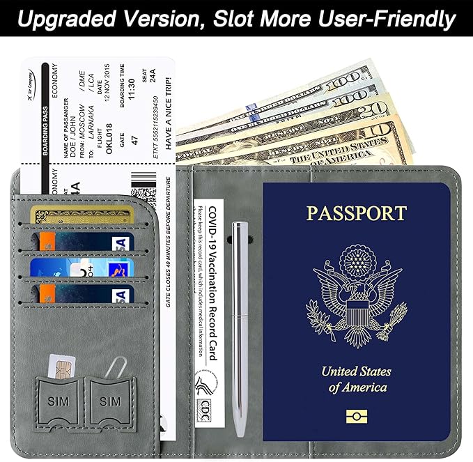 Passport Holder Cover Wallet Travel Essentials Leather Rfid Blocking Case Vacation Luggage Must Haves Travel Accessories for Men Women (116#Grey)