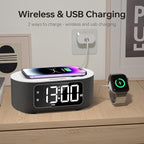 JALL Fabric Alarm Clock for Bedroom, with Big Led Screen Display, Bluetooth Stereo Sound Speaker, FM Radio, Fast Wireless Charging, USB Charging Port, Nightlight, White Noise, Ideal for Gift, Black