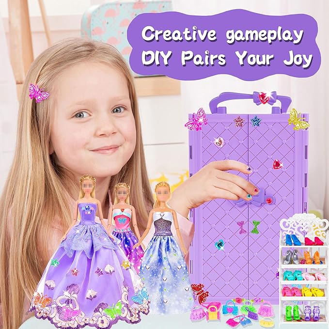 91pcs 11.5 Inch Girl Doll with Clothes, Accessories and Closet - Princess Gowns, Fashion Dresses, Outfits, Swimsuits, Shoes, Hangers - Dress Up Toys for Girls, Kids, Toddlers (Doll Included)