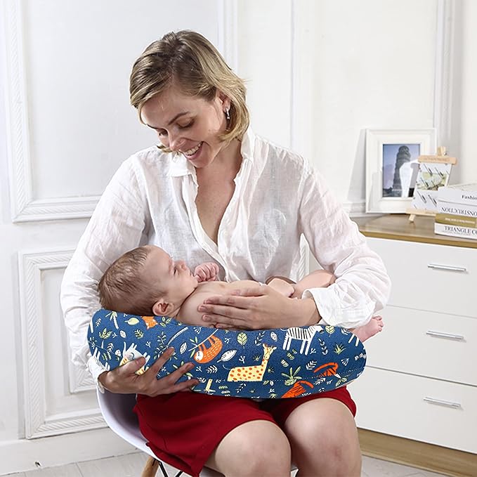 LAT Nursing Pillow for Breastfeeding,100% Cotton Removable Cover,Ergonomic Breast Feeding Pillows for Mom and Baby,Machine Washable(Blue Zoo)