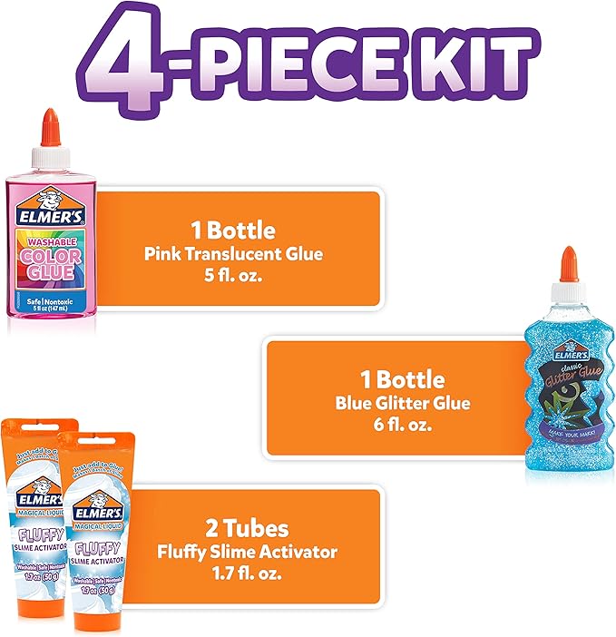 Elmer’s Fluffy Slime Kit, Includes Translucent Color Glue, Glitter Glue, Fluffy Slime Activator, 4 Count - Perfect for Parties, Gift, Activity Time