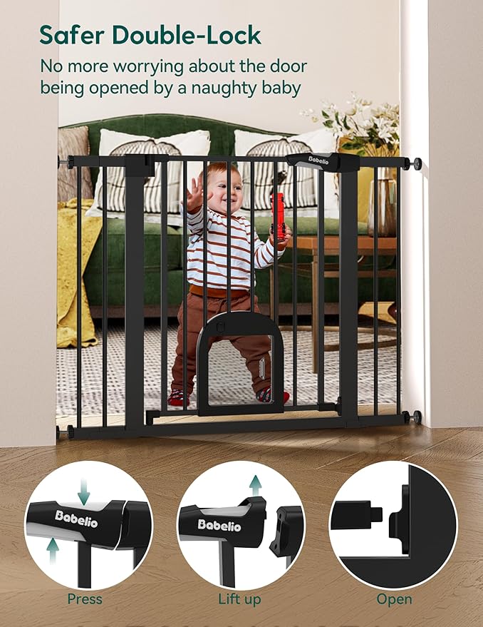 Babelio Upgraded Baby Gate with Cat Door, 29-43" Auto Close Durable Dog Gate for Stairs, Doorways and House, Easy Walk Thru Safety Gate with Pet Door Includes 4 Wall Cups, Black