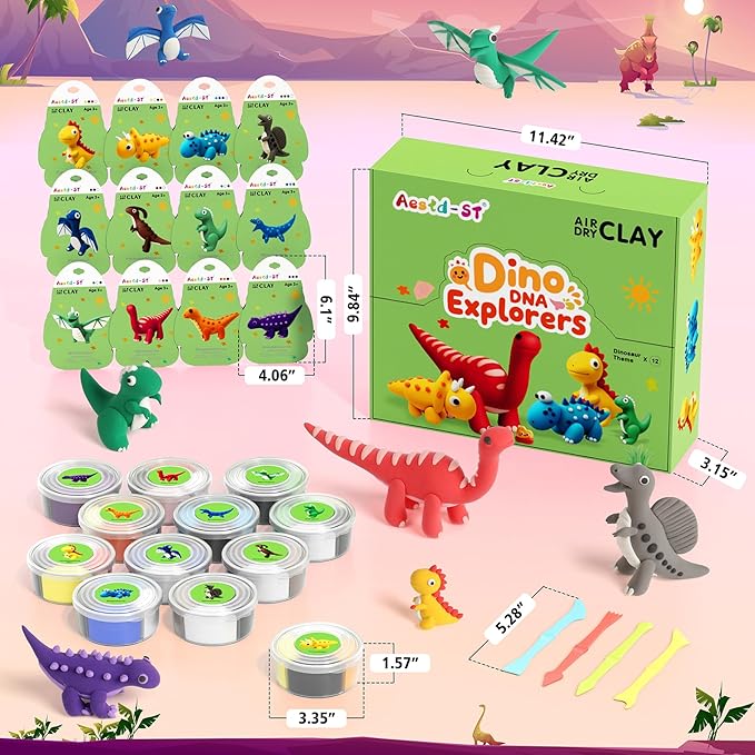 Air Dry Clay Kit - Dinosaur Theme, Modeling Clay for Kids, DIY Model Magic with Sculpting Tools and Tutorials, 12 Boxes Molding Clays, Ultra Light, Soft & Non-Toxic, Arts and Crafts Gift for Kids