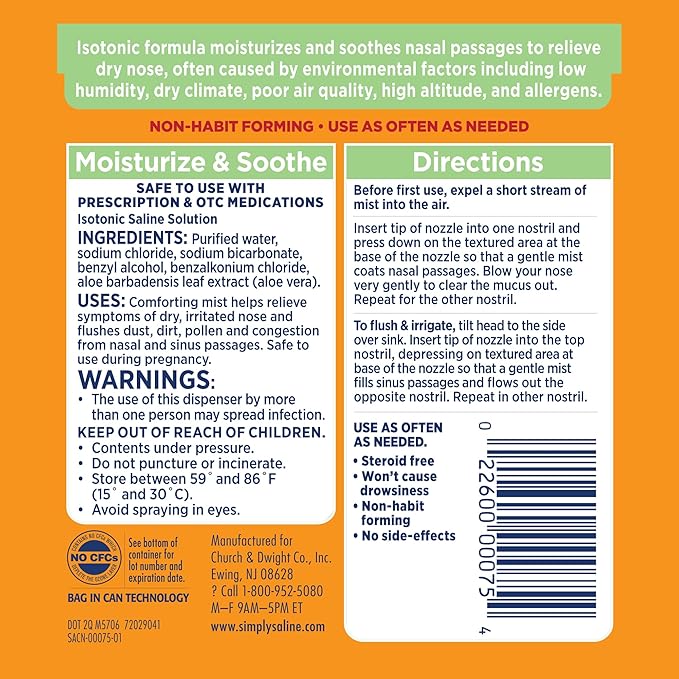 Arm & Hammer Simply Saline Moisturize & Soothe Nasal Mist, Drug-Free Moisturizing Saline Nasal Spray for Instant Relief for Dry Nose, 4.6 Oz (130 g), 3 Pack