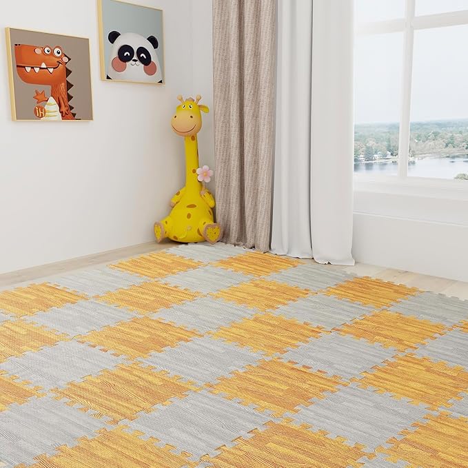 Skyweaver 12 Tiles Soft Non-Toxic Baby Play Mat for Floor EVA Foam Jigsaw Puzzle Play Mat, Interlocking Squares with 0.6inch for Babies, Toddlers & Kids Gym, Nursery, Playroom, Light Brown