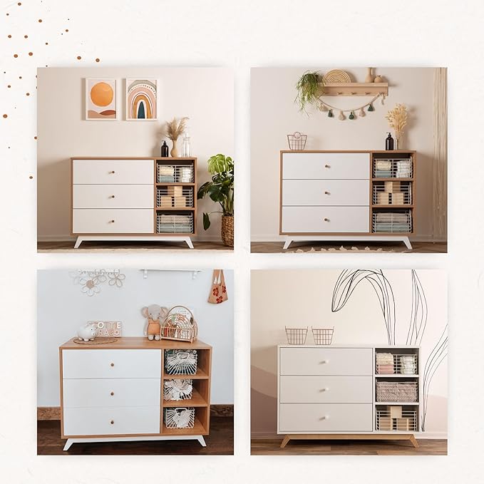dadada Central Park 3-Drawer Dresser with Open Shelving - Modern Design, Baby-Safe Finish, Forged Steel Support, Sturdy Wood Legs, for Nursery, Kids or Teen Room, 47” Wide (White+Red Oak)