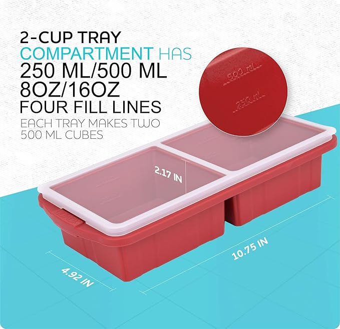 Silicone Freezer Tray With Lid-Soup Freezer Container molds-2-cup Extra Large Ice Cube Tray-makes 4 perfect 500ml portions cubes, For freezing soup,stews,sauces.Oven&Dishwasher-Safe(2-Pack)