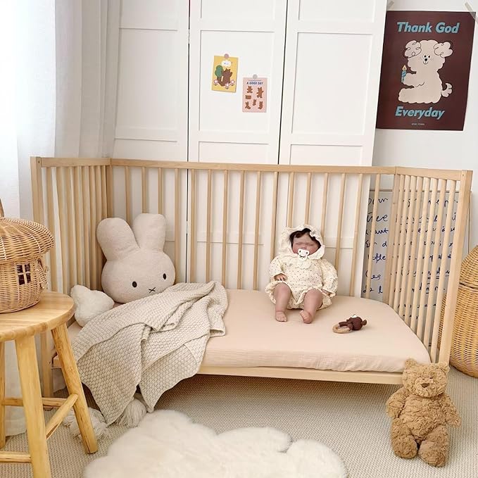 BuLuTu 2 Pack Muslin Crib Sheets for 52"x28" Standard Crib Mattress, Cute Rabbit Print Fitted Crib Sheets for Boys Girls Toddlers, Boho Neutral Soft Cotton Baby Sheets, Beige & Forest