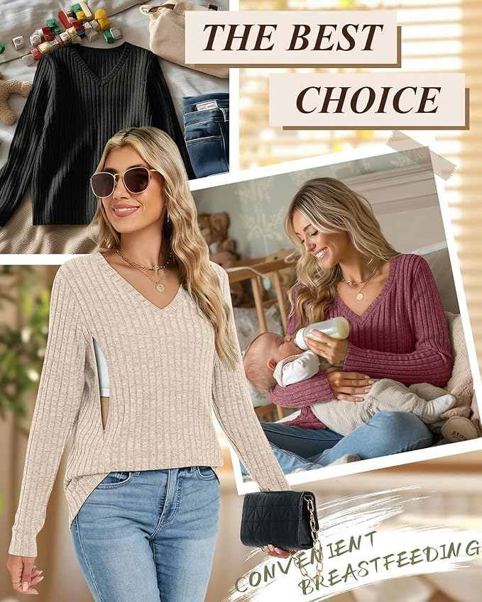 3 Pack Women's Maternity Nursing Tops, V Neck Breastfeeding Sweaters Long Sleeve Hidden Zipper Shirts