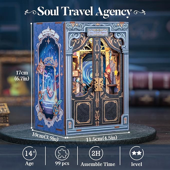 CUTEBEE Book Nook Kit - DIY Miniature House Dollhouse Kit for Adults and Teens, Booknook Tiny House Bookshelf Decor 3D Wooden Puzzle, Gifts for Family Friends (Soul Travel Agency)