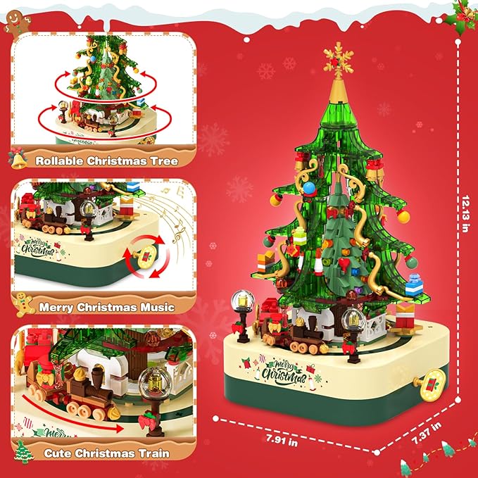 SpringFlower 594 PCS Christmas Tree Building Block Set, Rotating Music Box Christmas Building Block Tree for Boys Girls Adults, Xmas Gifts Decorations for Kids Adults Teens,Green