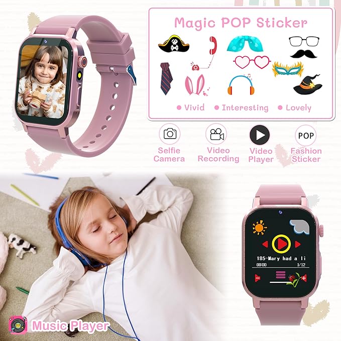 Kids Smart Watch for Girls Age 5-12, 32 Games HD Touch Screen Girls Watch with Camera Video Music Player Pedometer Flashlight 12/24 hr Gifts for 6 7 8 9 10 Year Old Girl Birthday Gift